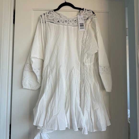 Rhode Ella Blouson Mini Dress Flared Embroidered Accent Braided Belt White - Picture 5 of 9